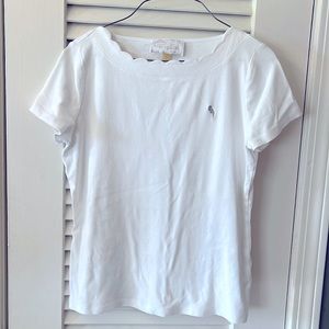 CAPPAGALLO Scalloped Collar Short Sleeve White 100% Cotton Tee - Ladies Small